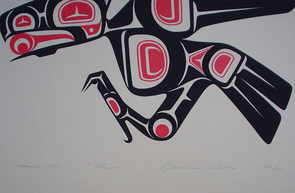 Raven by Clarence A. Wells, Gitxsan Pacific Northwest Coast First Nations contemporary Native artist, detail to show hand-written artist information - vintage original 1977 limited edition serigraph/silkscreen print - under image in pencil by artist: dated March '77, titled Raven, signed Clarence A. Wells, numbered 150/180 - sheet size 13x17 inches/ 33x43 cm (KerrisdaleGallery.com)