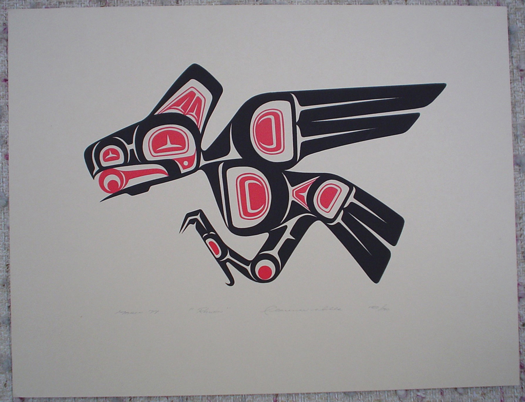 Raven by Clarence A. Wells, Gitxsan Pacific Northwest Coast First Nations contemporary Native artist, art print shown with full margins - vintage original 1977 limited edition serigraph/silkscreen print - under image in pencil by artist: dated March '77, titled Raven, signed Clarence A. Wells, numbered 150/180 - sheet size 13x17 inches/ 33x43 cm (KerrisdaleGallery.com)