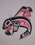 Killer Whale, Man and Woman by Clarence A. Wells, Gitxsan Pacific Northwest Coast First Nations contemporary Native artist - vintage original 1977 limited edition serigraph/silkscreen print - under image in pencil by artist: dated August 1977, titled Killer Whale, Man and Woman, signed Clarence A. Wells, numbered 112/200 - sheet size 24x18 inches/ 61x45.7 cm (KerrisdaleGallery.com)