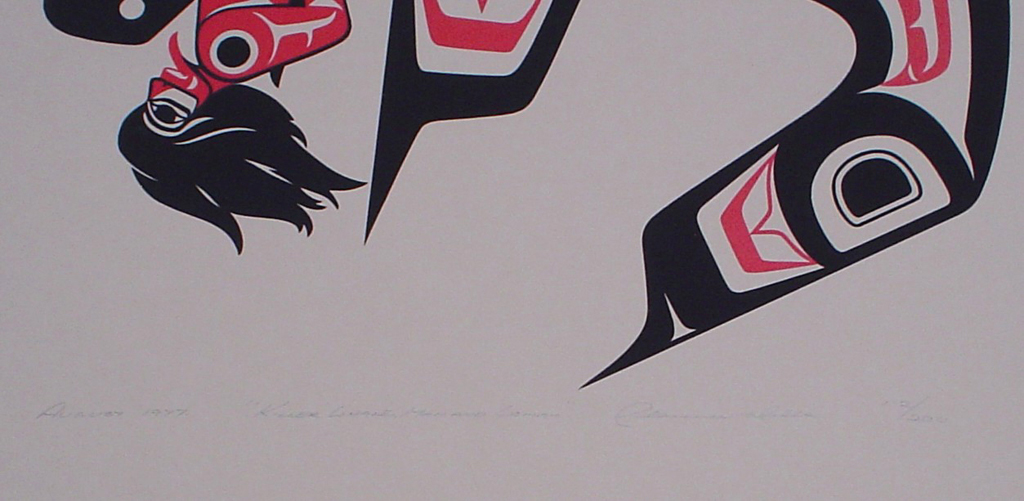 Killer Whale, Man and Woman by Clarence A. Wells, Gitxsan Pacific Northwest Coast First Nations contemporary Native artist, detail to show hand-written artist information - vintage original 1977 limited edition serigraph/silkscreen print - under image in pencil by artist: dated August 1977, titled Killer Whale, Man and Woman, signed Clarence A. Wells, numbered 112/200 - sheet size 24x18 inches/ 61x45.75 cm (KerrisdaleGallery.com)