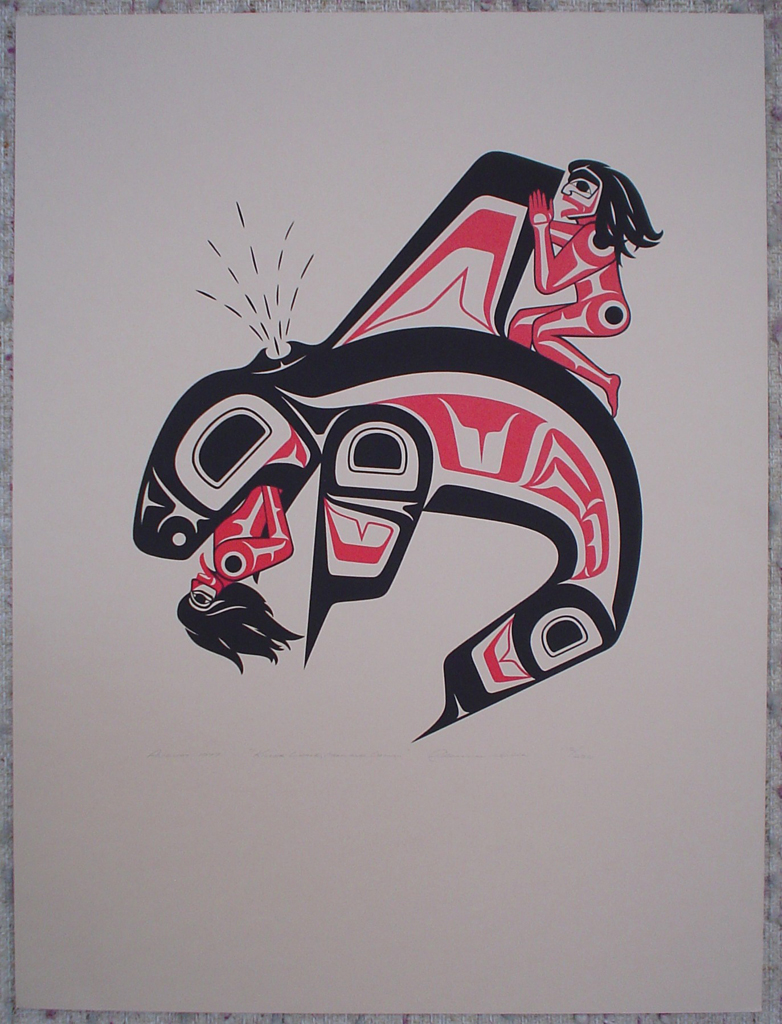 Killer Whale, Man and Woman by Clarence A. Wells, Gitxsan Pacific Northwest Coast First Nations contemporary Native artist, art print shown with full margins - vintage original 1977 limited edition serigraph/silkscreen print - under image in pencil by artist: dated August 1977, titled Killer Whale, Man and Woman, signed Clarence A. Wells, numbered 112/200 - sheet size 24x18 inches/ 61x45.7 cm (KerrisdaleGallery.com)
