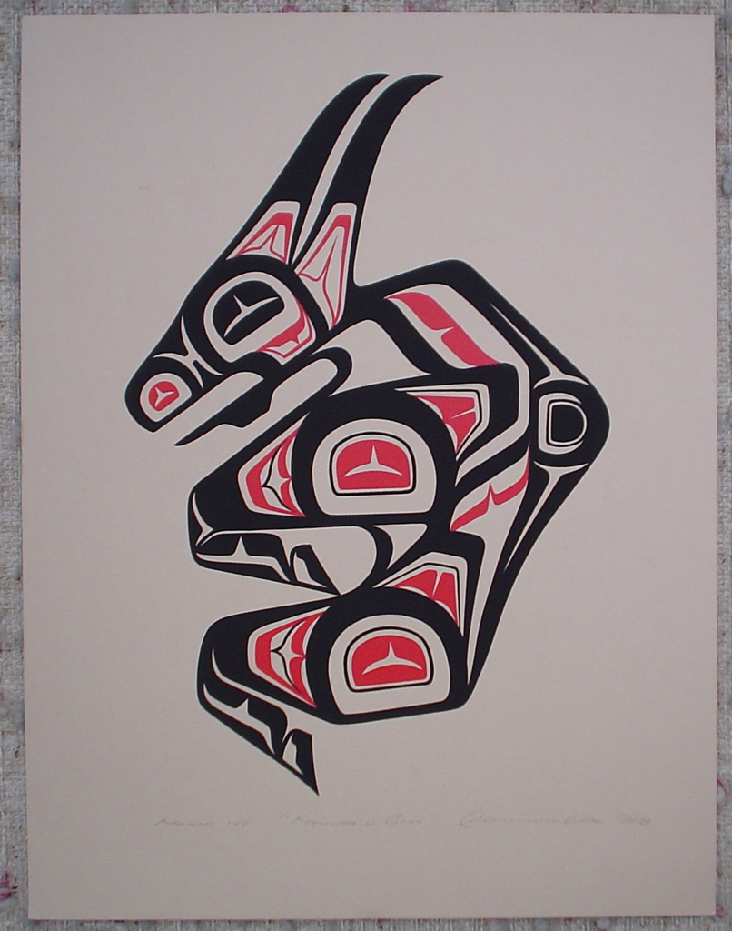 Mountain Goat by Clarence A. Wells, Gitxsan Pacific Northwest Coast First Nations contemporary Native artist, art print shown with full margins - vintage original 1977 limited edition serigraph/silkscreen print - under image in pencil by artist: dated March '77, titled Mountain Goat, signed Clarence A. Wells, numbered 136/180 - sheet size 17x13 inches/ 43x33 cm (KerrisdaleGallery.com)