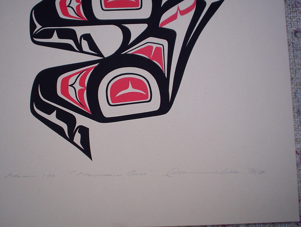 Mountain Goat by Clarence A. Wells, Gitxsan Pacific Northwest Coast First Nations contemporary Native artist, detail to show hand-written artist information - vintage original 1977 limited edition serigraph/silkscreen print - under image in pencil by artist: dated March 1977, titled Mountain Goat, signed Clarence A. Wells, numbered 136/180 - sheet size 17x13 inches/ 43x33 cm (KerrisdaleGallery.com)