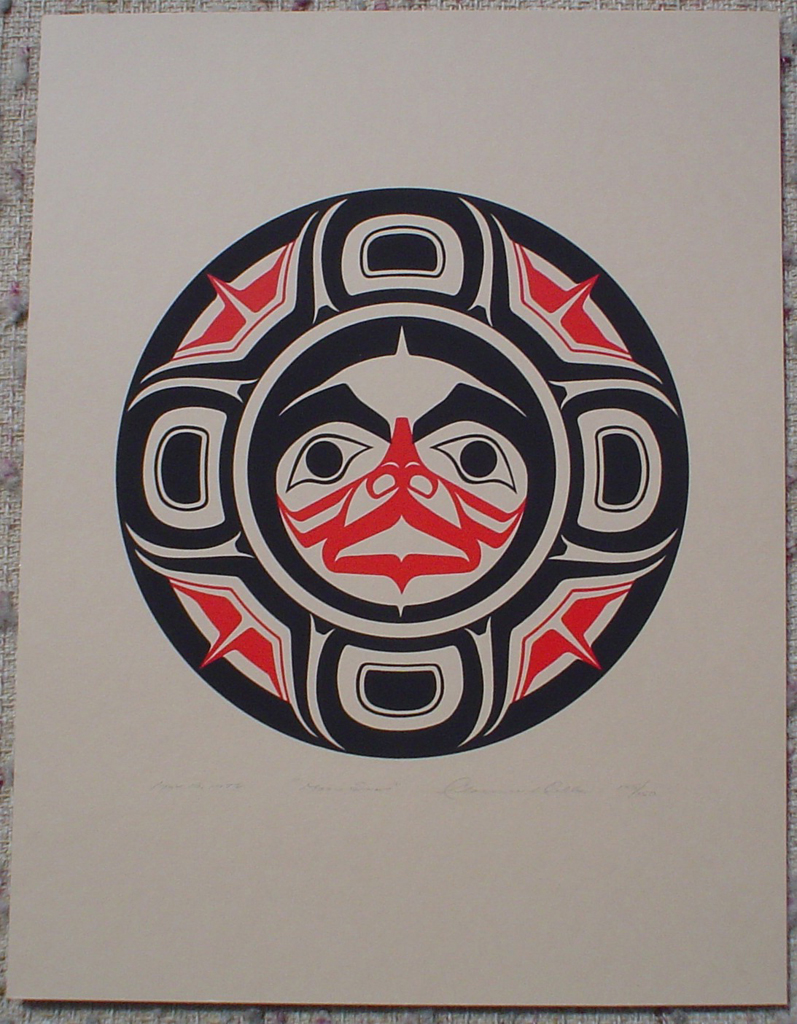 Moon Spirit by Clarence A. Wells, Gitxsan Pacific Northwest Coast First Nations contemporary Native artist, art print shown with full margins - vintage original 1978 limited edition serigraph/silkscreen print - under image in pencil by artist: dated March '78, titled Moon Spirit, signed Clarence A. Wells, numbered 145/150 - sheet size 17x13 inches/ 43x33 cm (KerrisdaleGallery.com)