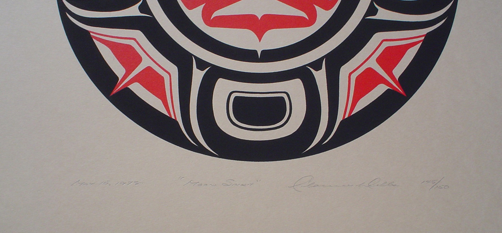 Moon Spirit by Clarence A. Wells, Gitxsan Pacific Northwest Coast First Nations contemporary Native artist, detail to show hand-written artist information - vintage original 1978 limited edition serigraph/silkscreen print - under image in pencil by artist: dated March '78, titled Moon Spirit, signed Clarence A. Wells, numbered 145/150 - sheet size 17x13 inches/ 43x33 cm (KerrisdaleGallery.com)
