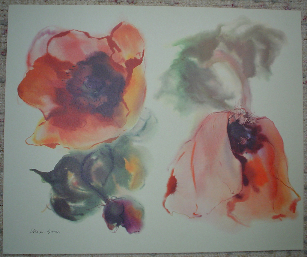 "Red Poppies", in German: "Mohn" by Klaus Meyer Gasters, shown with full margins - vintage 1970's/1980's offset lithograph reproduction watercolour collectible fine art print (size approx. 15 x 18.5 inches/ ca. 38 x 47 cm) - KerrisdaleGallery.com