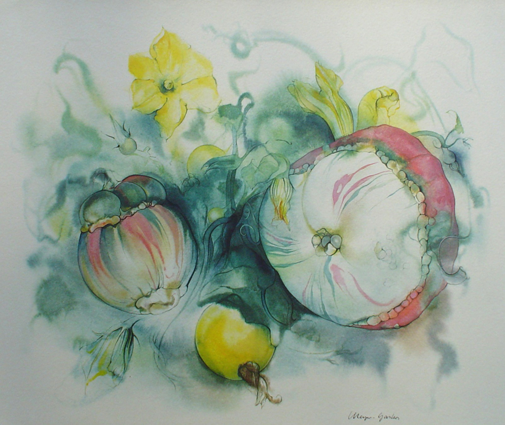 "Yellow Squash Flowers" by Klaus Meyer Gasters - vintage 1970's/1980's offset lithograph reproduction watercolour collectible fine art print (size approx. 15 x 18.5 inches/ ca. 38 x 47 cm) - KerrisdaleGallery.com
