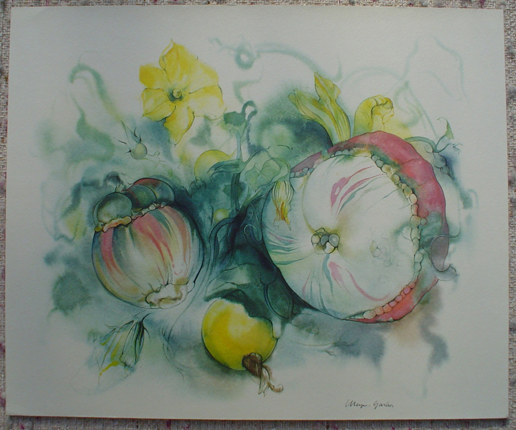 "Yellow Squash Flowers" by Klaus Meyer Gasters, shown with full margins - vintage 1970's/1980's offset lithograph reproduction watercolour collectible fine art print (size approx. 15 x 18.5 inches/ ca. 38 x 47 cm) - KerrisdaleGallery.com