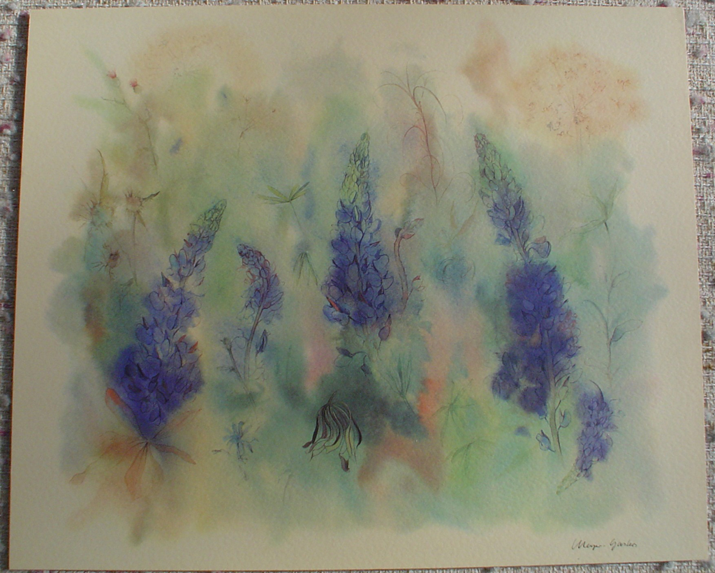 "Lupins", in German: "Lupinen" by Klaus Meyer Gasters, shown with full margins - vintage 1970's/1980's offset lithograph reproduction watercolour collectible fine art print (size approx. 15 x 18.5 inches/ ca 38 x 47 cm) - KerrisdaleGallery.com