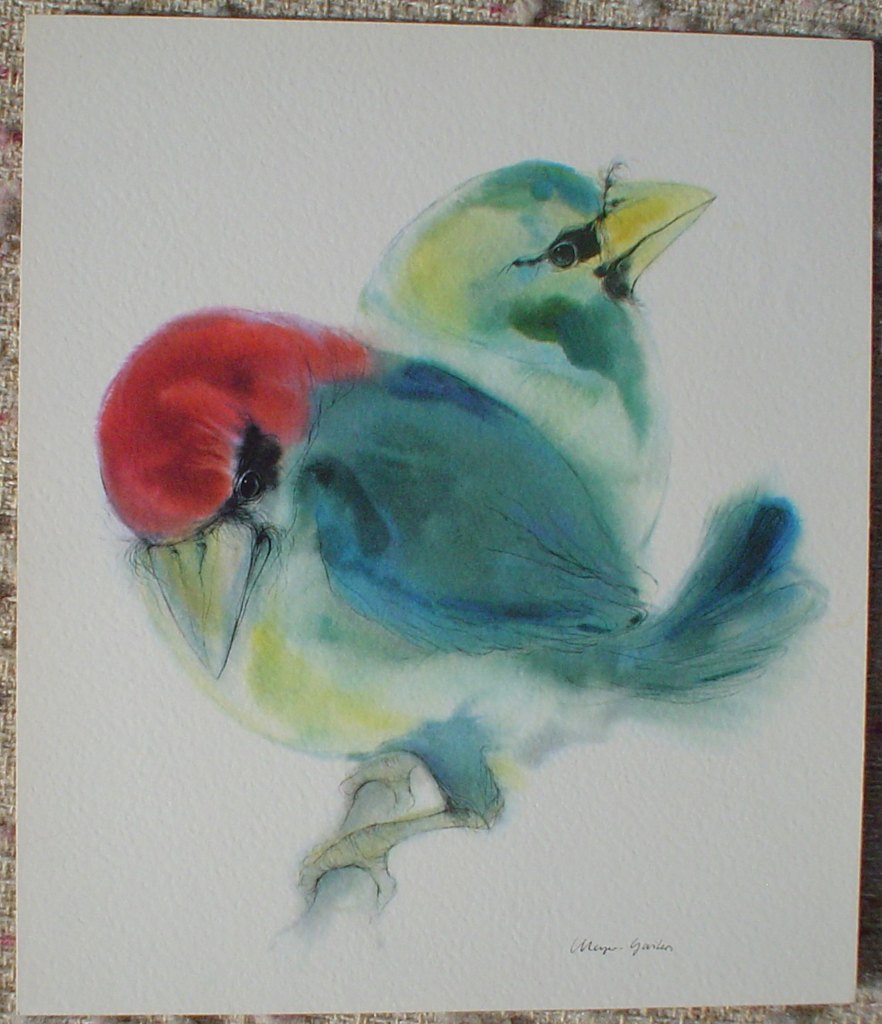 "Two Blue Barbet Birds", in German: "Bartvoegel" by Klaus Meyer Gasters, shown with full margins - vintage 1970's offset lithograph reproduction watercolour collectible art print (size 12.5 x 10.75 inches/31.75 x 27 cm) - KerrisdaleGallery.com