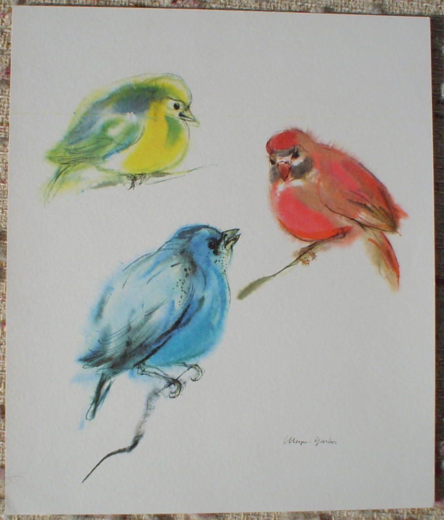 "Three Tanager Birds: Red, Yellow, Blue" by Klaus Meyer Gasters, shown with full margins - vintage 1970's offset lithograph reproduction watercolour collectible art print (size 12.5 x 10.75 inches/31.75 x 27 cm) - KerrisdaleGallery.com