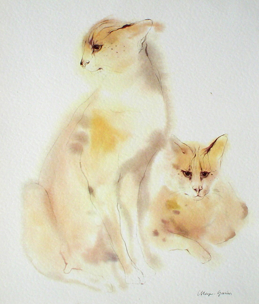 "Two Serval Cats", in German: "Servale" by Klaus Meyer Gasters - vintage 1970's offset lithograph reproduction watercolour collectible art print (size 12.5 x 10.75 inches/31.75 x 27 cm) - KerrisdaleGallery.com