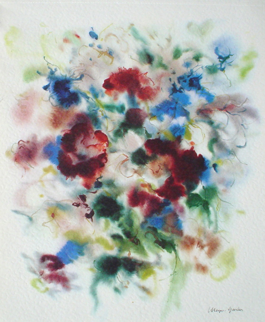 "Red Flowers On Blue" by Klaus Meyer Gasters - vintage 1977 offset lithograph reproduction watercolour collectible fine art print (size 12.5 x 10.75 inches/31.75 x 27 cm) - KerrisdaleGallery.com
