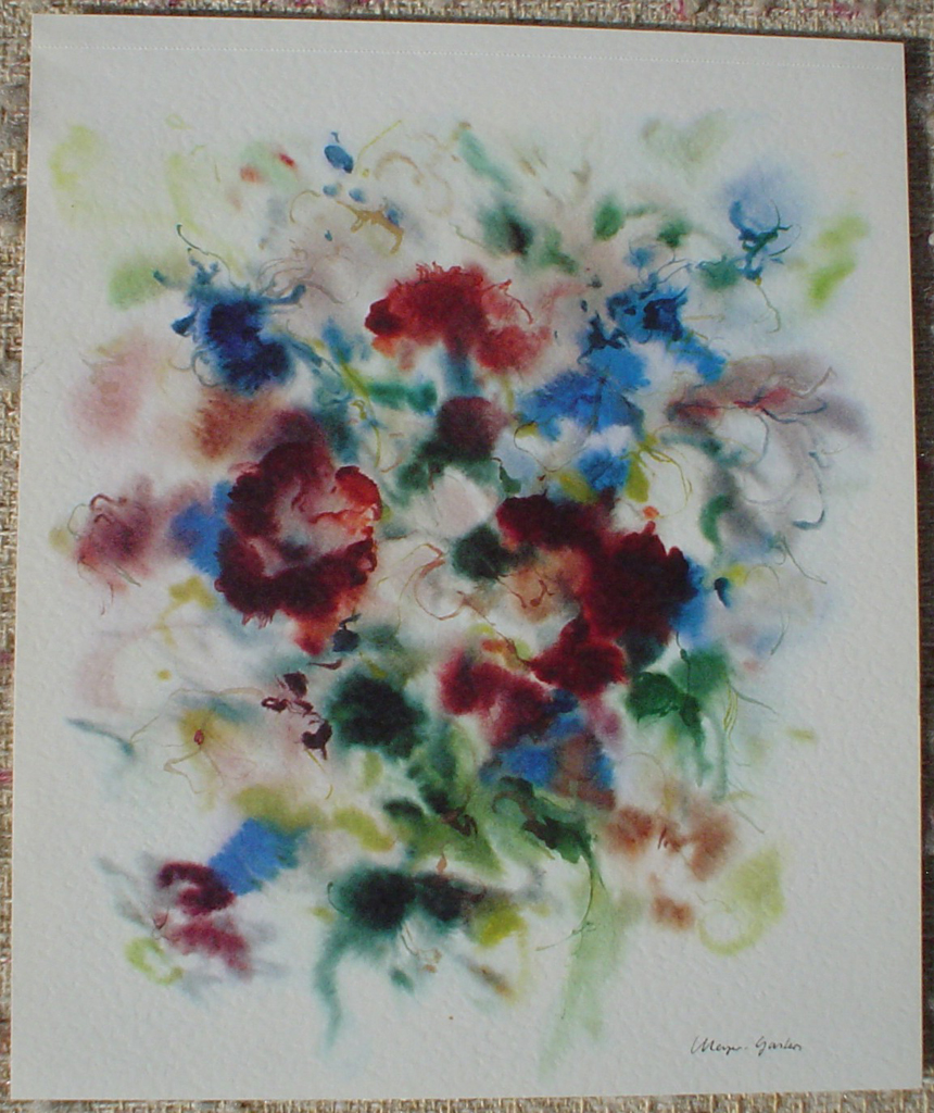 "Red Flowers On Blue" by Klaus Meyer Gasters, shown with full margins - vintage 1977 offset lithograph reproduction watercolour collectible fine art print (size 12.5 x 10.75 inches/31.75 x 27 cm) - KerrisdaleGallery.com