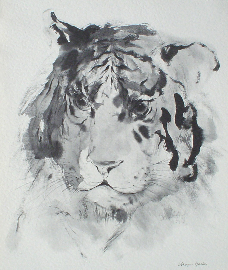"Tiger Head" by Klaus Meyer Gasters - vintage 1977 offset lithograph reproduction watercolour collectible fine art print (size 12.5 x 10.75 inches/31.75 x 27 cm) - KerrisdaleGallery.com