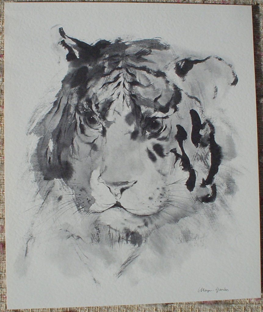 "Tiger Head" by Klaus Meyer Gasters, shown with full margins - vintage 1977 offset lithograph reproduction watercolour collectible fine art print (size 12.5 x 10.75 inches/31.75 x 27 cm) - KerrisdaleGallery.com