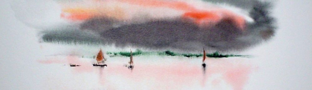 "Red Sky Sailboats" by Klaus Meyer Gasters - vintage 1970's/1980's offset lithograph reproduction watercolour collectible fine art print (size approx. 15 x 18.5 inches/ ca 38 x 47 cm) - KerrisdaleGallery.com