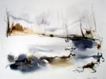 "White Winter Pond", in German: "Bach Im Winter" by Klaus Meyer Gasters - vintage 1970's/1980's offset lithograph reproduction watercolour collectible fine art print (size approx. 15 x 18.5 inches/ ca 38 x 47 cm) - KerrisdaleGallery.com