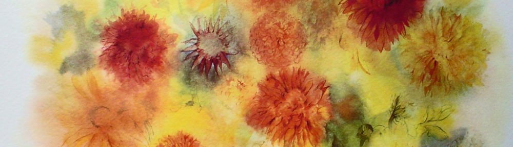 "Golden Chrysanthemums" by Klaus Meyer Gasters - vintage 1970's/1980's offset lithograph reproduction watercolour collectible fine art print (size approx. 15 x 18.5 inches/ ca 38 x 47 cm) - KerrisdaleGallery.com