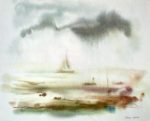 "Big Sailboat Misty Scene" by Klaus Meyer Gasters - vintage 1970's/1980's offset lithograph reproduction watercolour collectible fine art print (size approx. 15 x 18.5 inches/ ca 38 x 47 cm) - KerrisdaleGallery.com