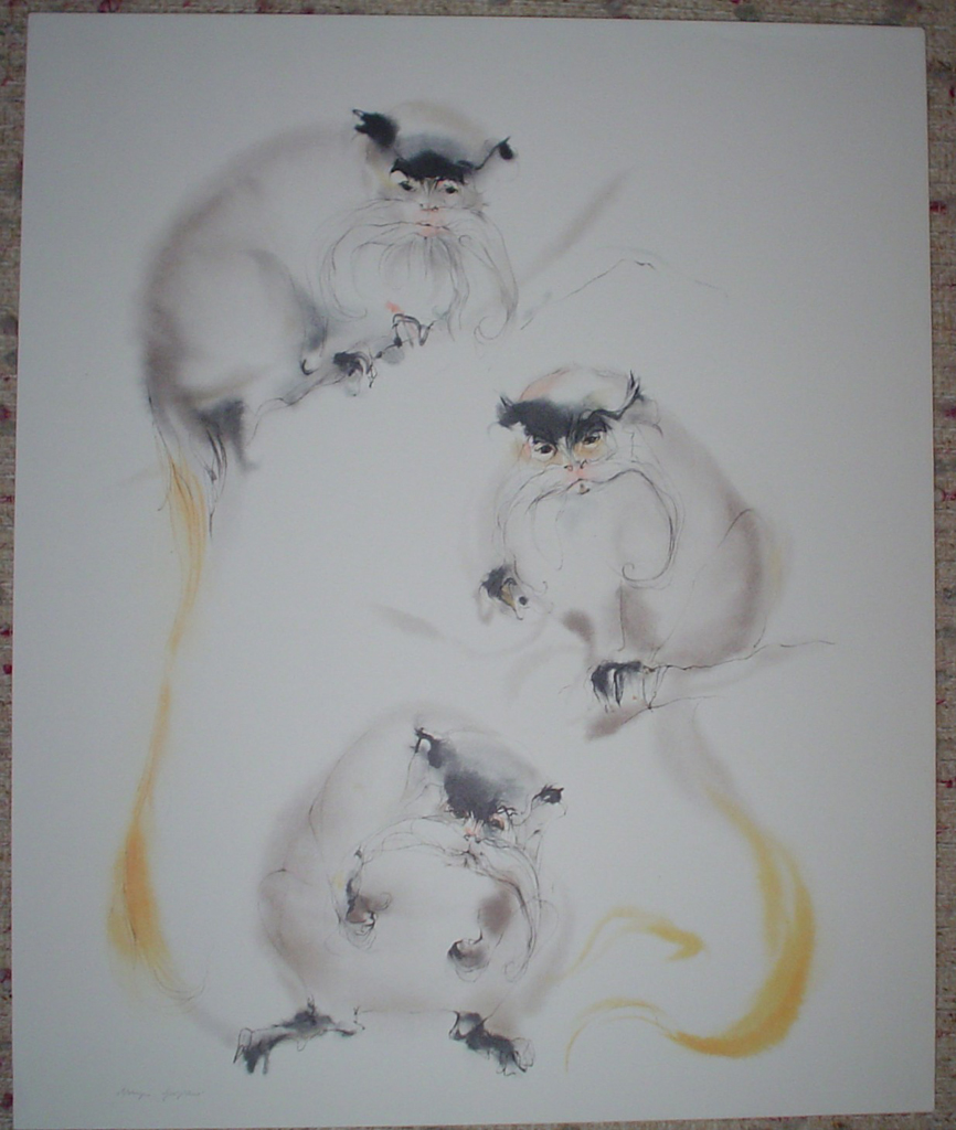 "Three Mandarin Monkeys" by Klaus Meyer Gasters, shown with full margins - vintage 1970's/1980's offset lithograph reproduction watercolour collectible fine art print (size approx. 15 x 18.5 inches/ ca 38 x 47 cm) - KerrisdaleGallery.com
