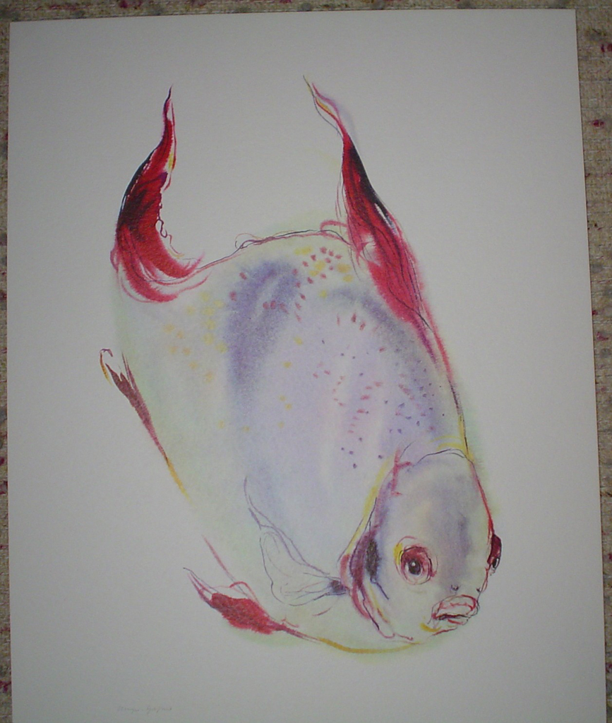 "Big Red Fish" by Klaus Meyer Gasters, shown with full margins - vintage 1970's/1980's offset lithograph reproduction watercolour collectible fine art print (size approx. 15 x 18.5 inches/ ca 38 x 47 cm) - KerrisdaleGallery.com