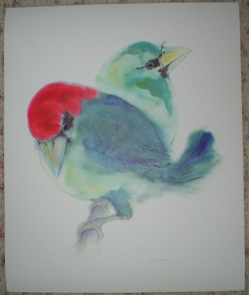 "Two Blue Barbet Birds" by Klaus Meyer Gasters, shown with full margins - vintage 1970's/1980's offset lithograph reproduction watercolour collectible fine art print (size approx. 15 x 18.5 inches/ ca 38 x 47 cm) - KerrisdaleGallery.com