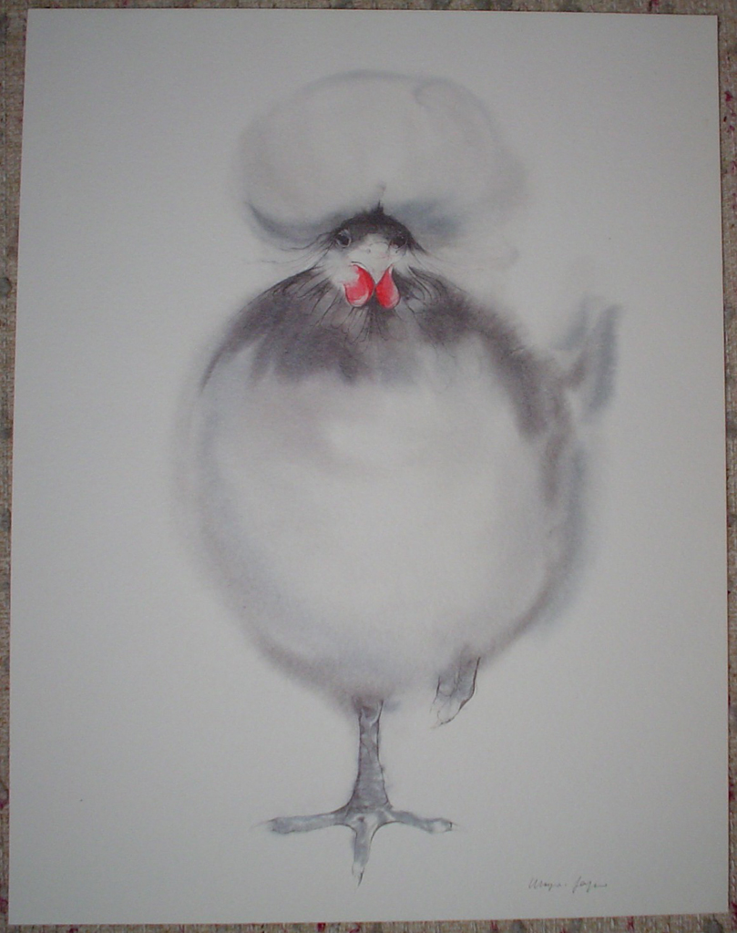 "White Crowned Chicken" by Klaus Meyer Gasters, shown with full margins - vintage 1970's/1980's offset lithograph reproduction watercolour collectible fine art print (size approx. 15 x 18.5 inches/ ca 38 x 47 cm) - KerrisdaleGallery.com