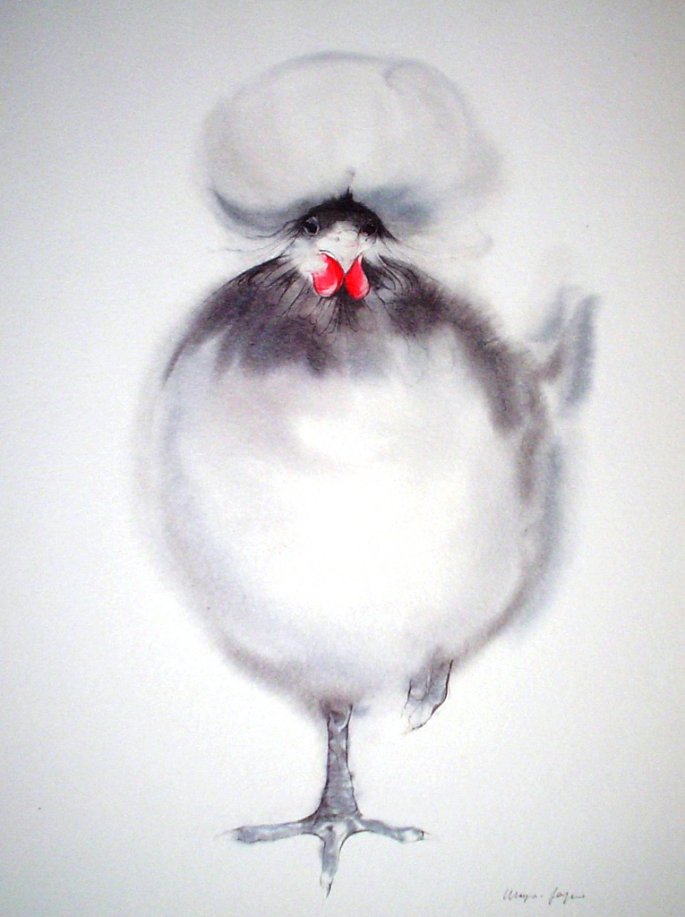 "White Crowned Chicken" by Klaus Meyer Gasters - vintage 1970's/1980's offset lithograph reproduction watercolour collectible fine art print (size approx. 15 x 18.5 inches/ ca 38 x 47 cm) - KerrisdaleGallery.com