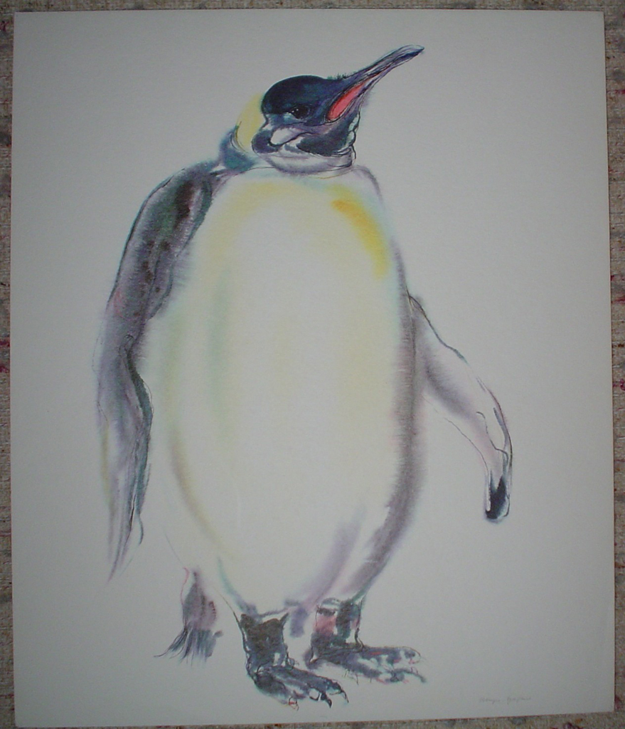 "Emperor Penguin", in German: "Koenigspenguin" by Klaus Meyer Gasters, shown with full margins - vintage 1970's/1980's offset lithograph reproduction watercolour collectible fine art print (size approx. 15 x 18.5 inches/ ca 38 x 47 cm) - KerrisdaleGallery.com