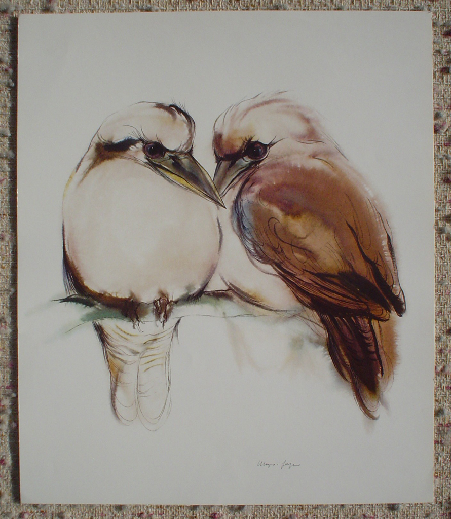 "Two Loving Brown Birds" by Klaus Meyer Gasters, shown with full margins - vintage 1970's/1980's offset lithograph reproduction watercolour collectible fine art print (size approx. 15 x 18.5 inches/ ca 38 x 47 cm) - KerrisdaleGallery.com