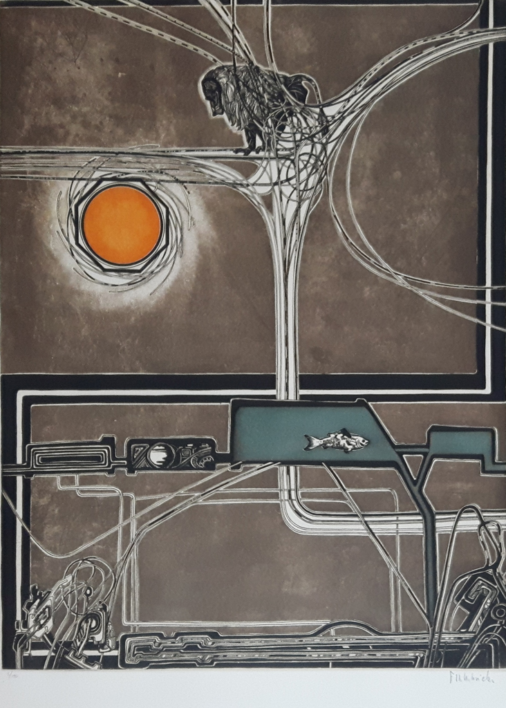 KerrisdaleGallery.com - Stock ID#HF153ev-snt - "Le Disque Orange" by Francis Hebbelinck - original etching, limited edition of 150 - numbered 3/150, titled and signed in pencil by artist