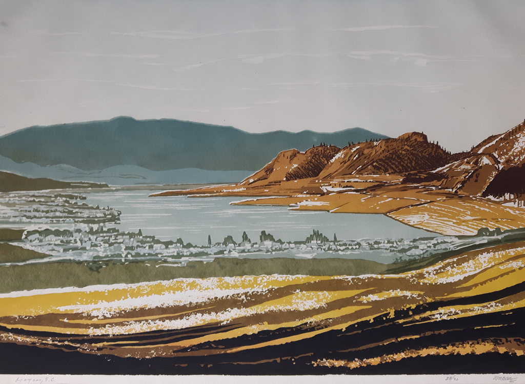 KerrisdaleGallery.com - stock ID# WG028sh-sntd - Osoyoos, B.C. (Canada), 1965 by George Weber, shown with reference under image: numbered 28/30, titled, signed, dated in pencil by artist - historical original screenprint/silkscreen/serigraph, created in a limited edition of 30.