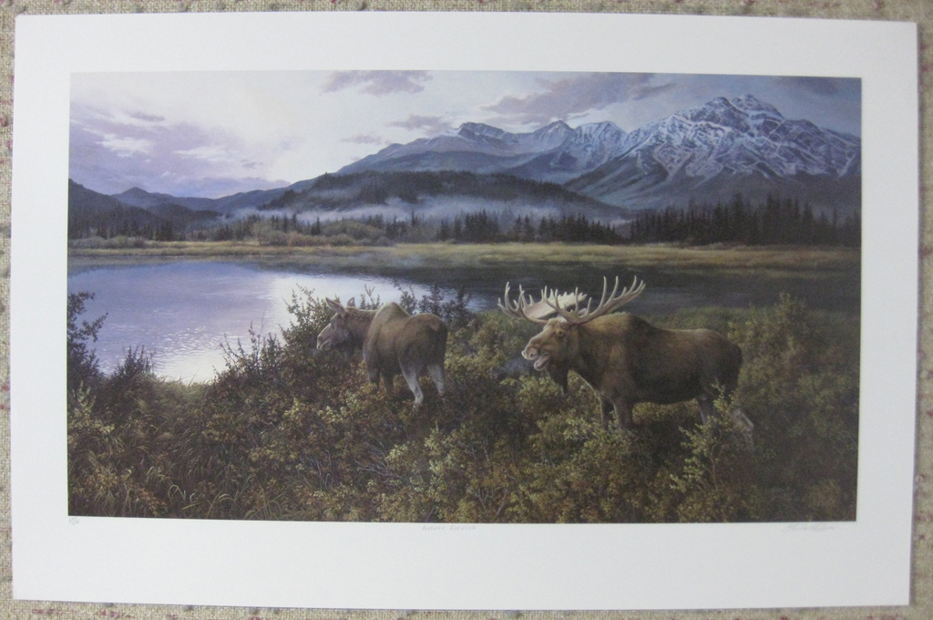 KerrisdaleGallery.com - stock ID#WM647ph-snt - Autumn Evening (moose couple) by Marla Wilson, shown with full margins - Limited Edition 647/695, 1990 offset lithograph; numbered, titled and signed in pencil by the artist
