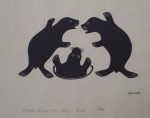 KerrisdaleGallery.com - Stock ID#kh717sh-sntd - Three Seals by Helen Kalvak, shown close up - Inuit graphic art, Holman Series 1973, limited edition number 17/44.