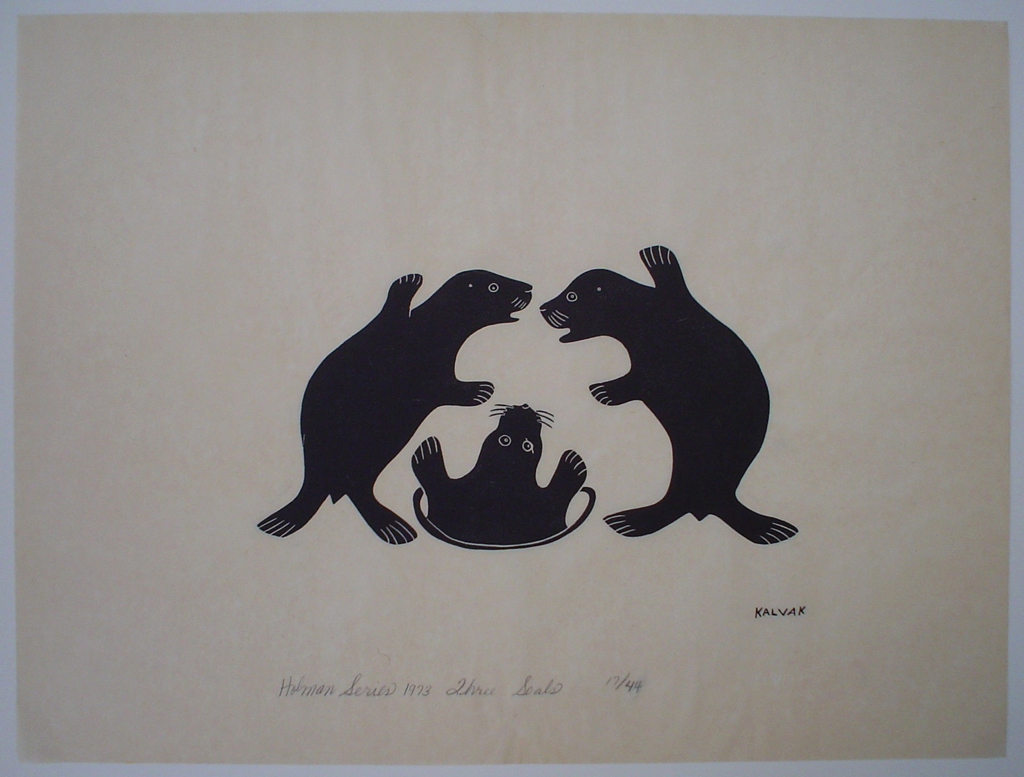 KerrisdaleGallery.com - Stock ID#kh717sh-sntd - Three Seals by Helen Kalvak, shown with full margins - Inuit graphic art, Holman Series 1973, limited edition number 17/44.