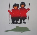 KerrisdaleGallery.com - Stock ID#nn708sh-snd- Two Happy Hunters (untitled) by Noriko, closeup view - 1964 stencil on rice paper, numbered 8/44