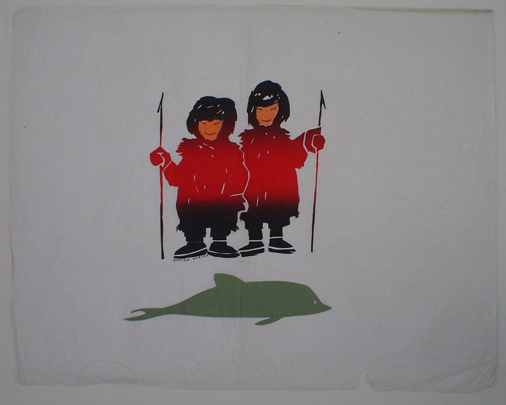 KerrisdaleGallery.com - Stock ID#nn708sh-snd- Two Happy Hunters (untitled) by Noriko, shown with full margins - 1964 stencil on rice paper, numbered 8/44