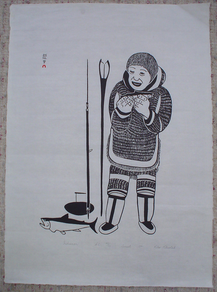 KerrisdaleGallery.com - Stock ID#pp042sv-sntd - Fisherman by Peter Pitseolak, shown with full margins - Inuit graphic art, Cape Dorset, 1971, stonecut, limited edition number 42/50. In pencil under image: numbered, titled, dated, signed by artist
