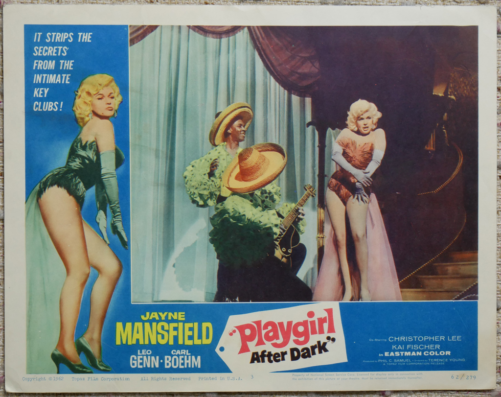 KerrisdaleGallery.com - Stock ID#MPLCx1PLY62ph - "Playgirl After Dark" (1962, Topaz, filmed in UK, poster for USA, NSS#62/279)- Original Vintage Movie Poster Lobby Card, single Number 3 - full view - Neo-noir thriller starring Jayne Mansfield. Directed by Terence Young.