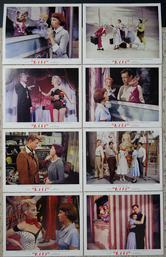 KerrisdaleGallery.com - Stock ID#MPLCx8LIL52ph - "Lili" (1952, MGM, USA, NSS#52/437)- Original Vintage Movie Poster Lobby Cards, Set of 8 - full view - Romantic musical starring Leslie Caron, Zsa Zsa Gabor, Mel Ferrer. Directed by Charles Walters.