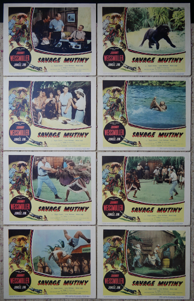 KerrisdaleGallery.com - Stock ID#MPLCx8SAV53ph - "Savage Mutiny" (1953, Columbia, USA, NSS#53/9)- Original Vintage Movie Poster Lobby Cards, Set of 8 - full view - Action adventure starring Johnny Weissmuller, Angela Stevens. Directed by Spencer Gordon Bennet.