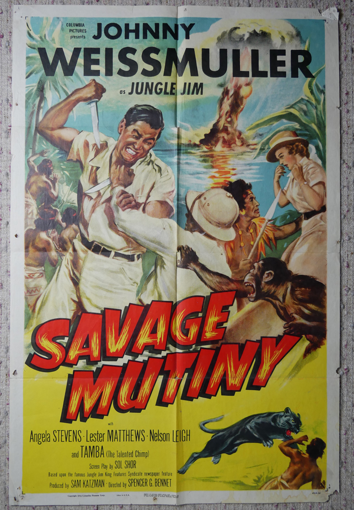 KerrisdaleGallery.com - Stock ID#MPOSx1AV53pv - "Savage Mutiny" (1953, Columbia, USA, NSS#53/9)- Original Vintage Movie Poster One Sheet/folded 1-SH, 27 x 41 inches - full view - Action adventure starring Johnny Weissmuller, Angela Stevens. Directed by Spencer Gordon Bennet.
