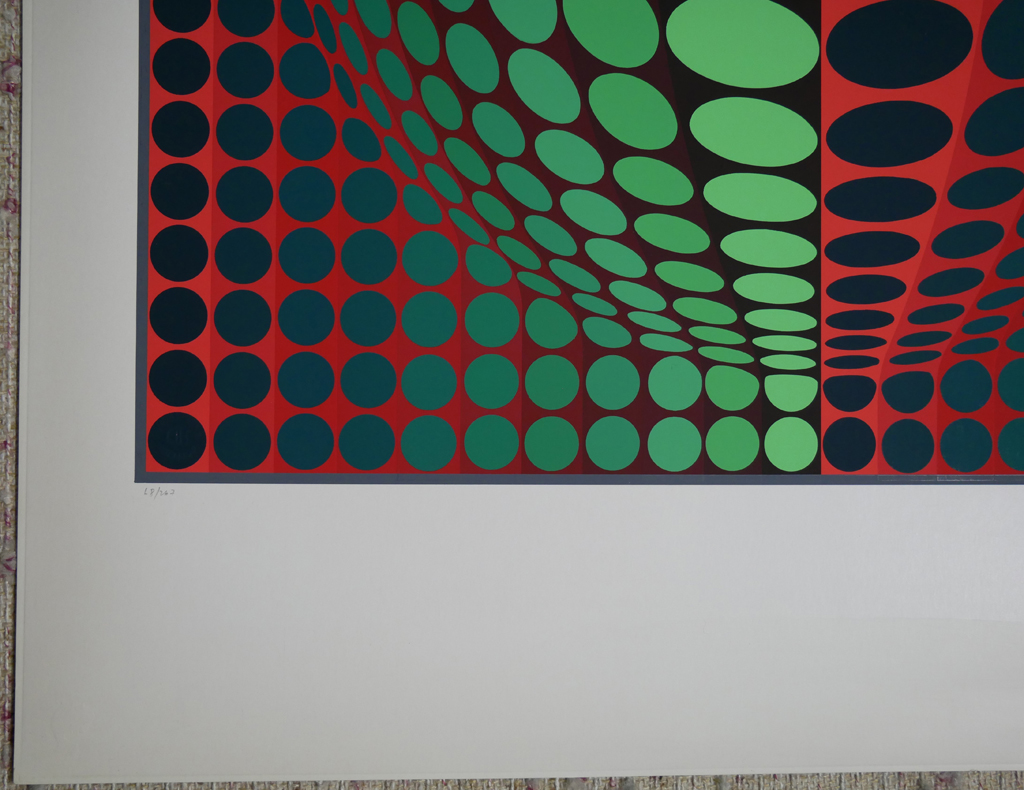 KerrisdaleGallery.com - Stock ID#VV068ss-sn "untitled: Red Green Circles" by Victor Vasarely, detail to show edition -original serigraph, ca. 1970, numbered 68/267, signed by artist