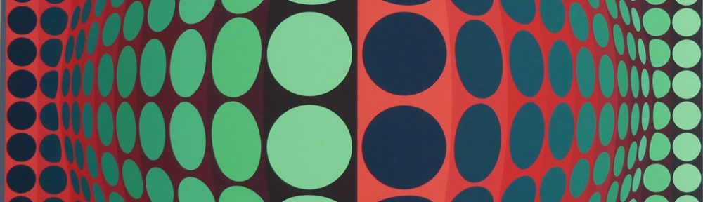 KerrisdaleGallery.com - Stock ID#VV068ss-sn "untitled: Red Green Circles" by Victor Vasarely, feature image -original serigraph, ca. 1970, numbered 68/267, signed by artist