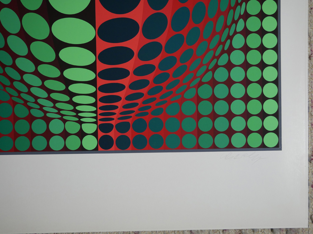 KerrisdaleGallery.com - Stock ID#VV068ss-sn "untitled: Red Green Circles" by Victor Vasarely, detail to artist signature -original serigraph, ca. 1970, numbered 68/267, signed by artist