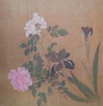 KerrisdaleGallery.com - Stock ID#AS663ps "Roses And Iris" by Yun Shou-p'ing (detail of "One Hundred Flowers" handscroll) - collectible vintage offset lithograph fine art reproduction published by New York Graphic Society, printed in Italy