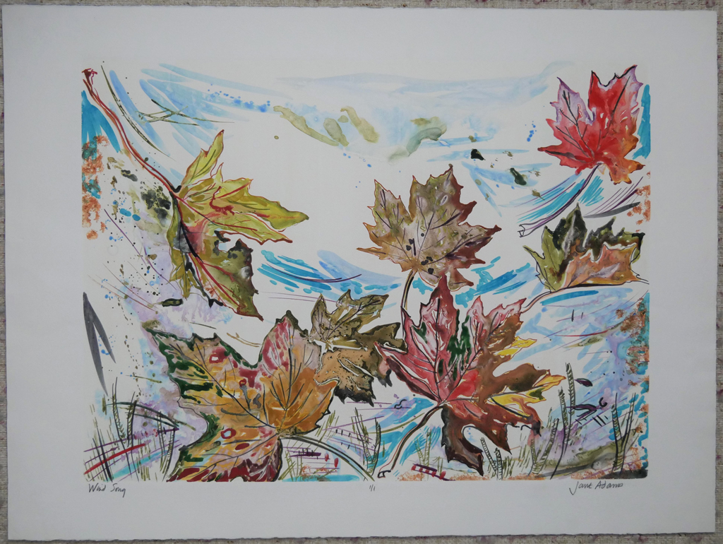 KerrisdaleGallery.com - Stock ID#AJ011lh-snt - "Wind Song" by Jane Adams, shown with full margins - original lithograph depicting autumn maple leaves in joyous colours, numbered 1/1