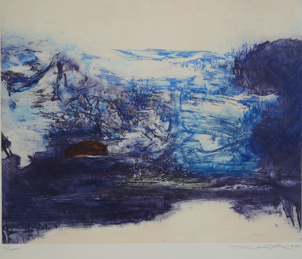 ZAO WOU-KI: "Mer de Glace", "Sea of Ice" close up to show edition 61/95, date 1968 and artist signature - original etching with aquatint - Stock ID#zw061eh-snd, KerrisdaleGallery.com