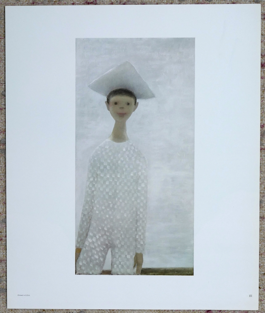 KerrisdaleGallery.com - Stock ID#LJ673ch - "Le Petit Arlequin (1959)" by Jean Paul Lemieux, shown with full margins - Plate III from the 1967 portfolio - collectible vintage art print, colour collotype reproduction printed by Arthur Jaffe NYC - from the portfolio of 2500 copies published by Redpath Press, McGill University, Montreal in July 1967